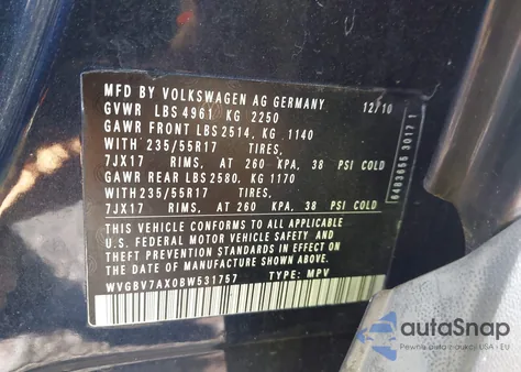 2011 Volkswagen Tiguan Se из США, поврежденный, VIN WVGBV7AX0BW531757